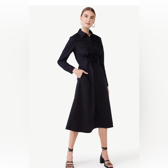 Poplin side knot midi long sleeve shirt dress - Picture 2 of 7